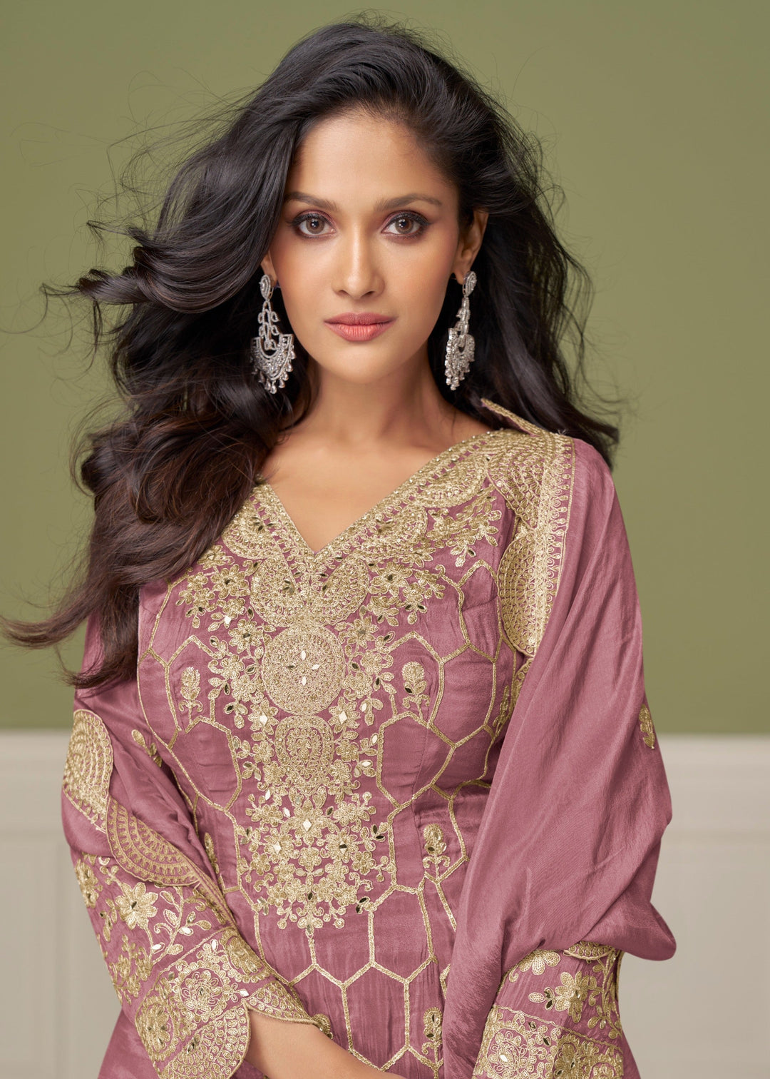 Elegant Dusty Rose Pink Silk Salwar Suit with golden embroidery