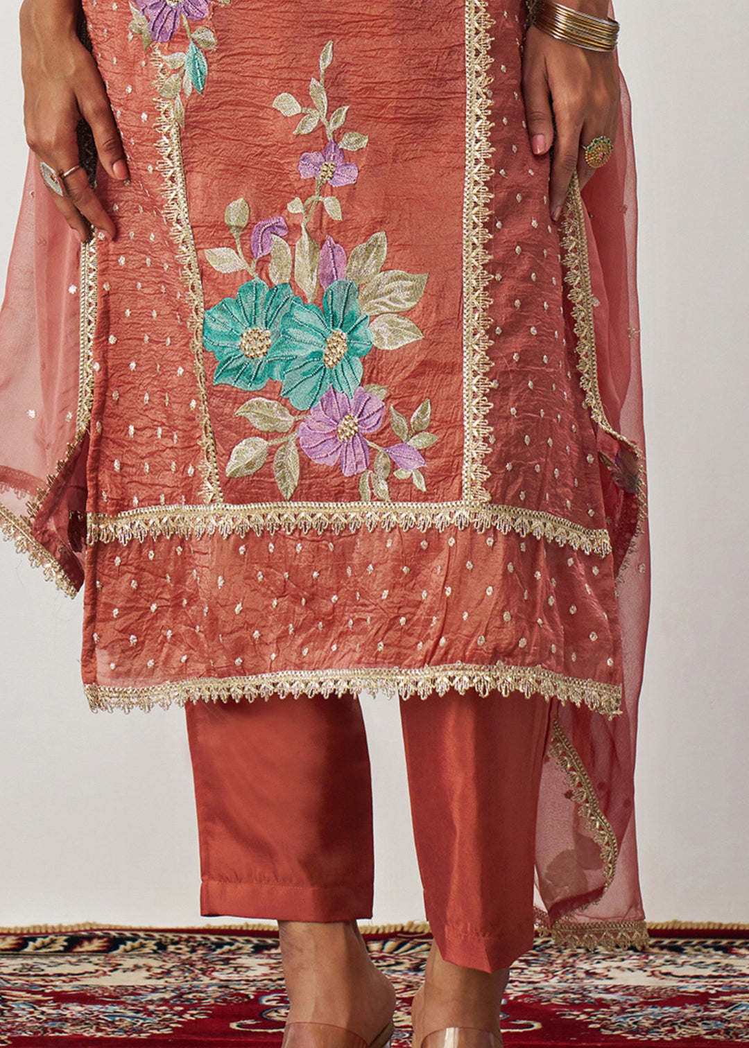 Vermillion Orange Silk Pant Suit With Chiffon Dupatta