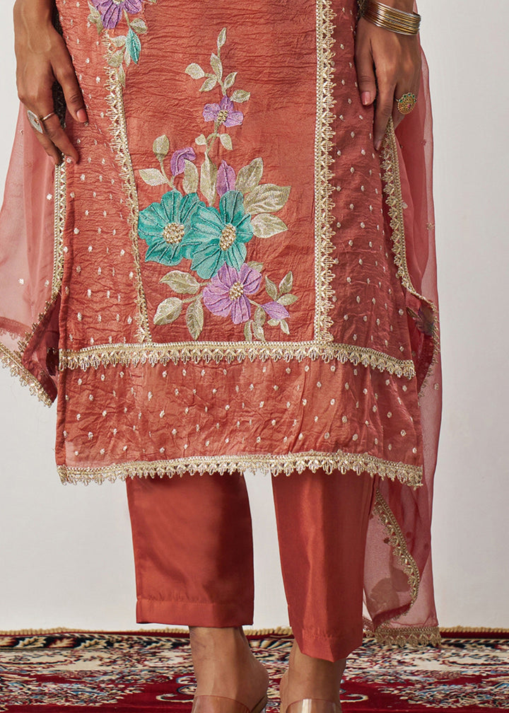 Vermillion Orange Silk Pant Suit With Chiffon Dupatta