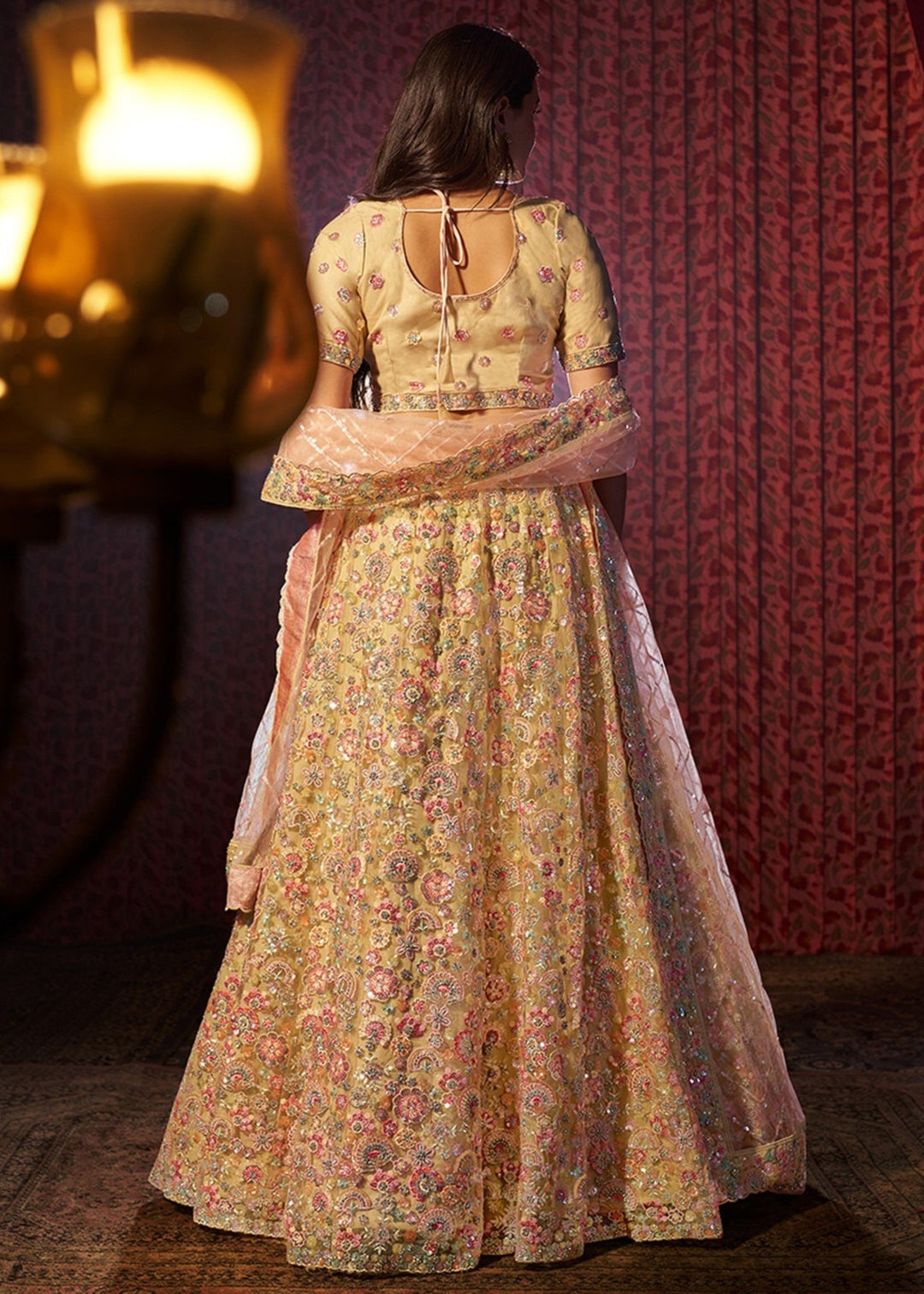 Beige Sequins Thread work Net Lehenga