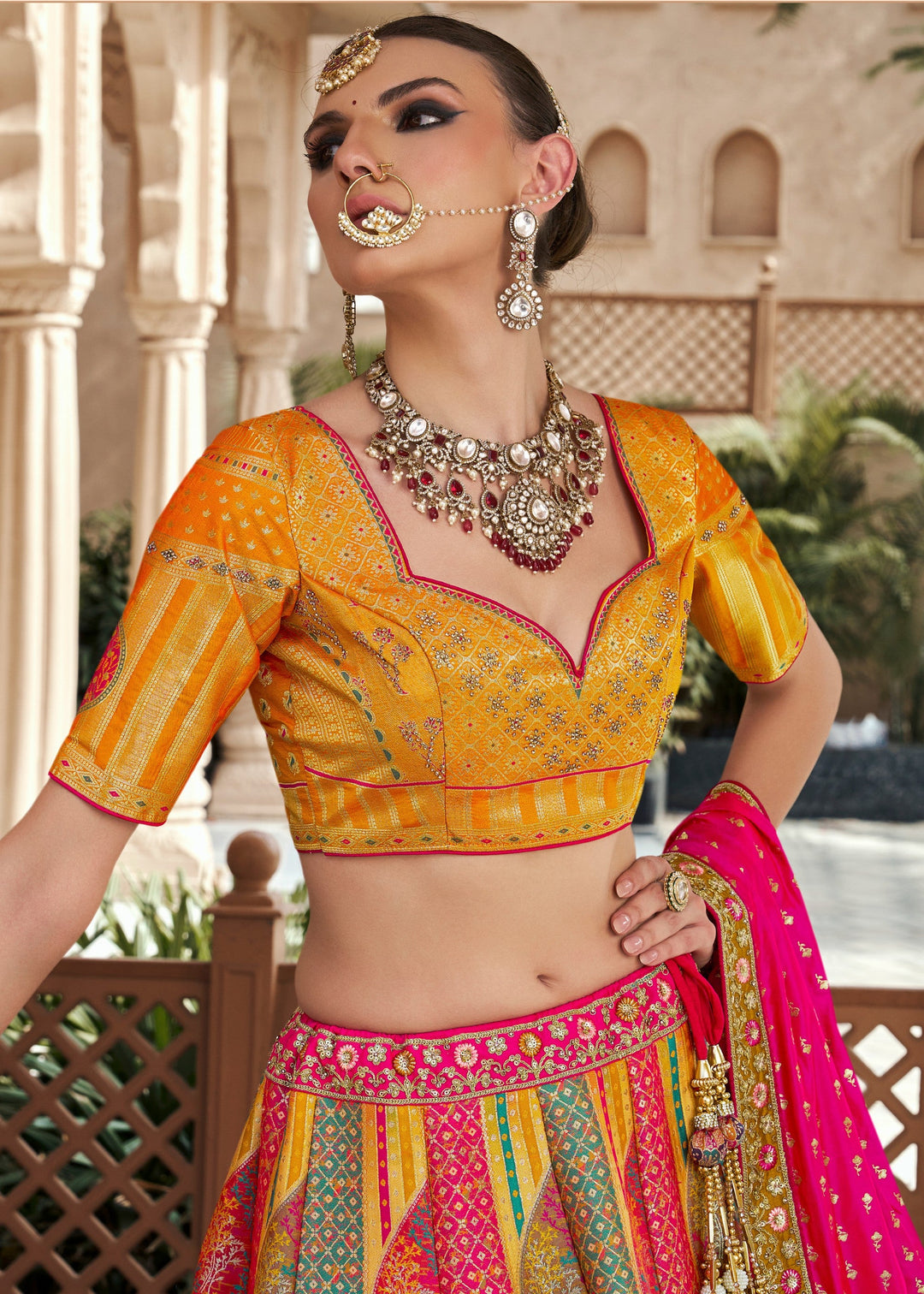 Bright Yellow Banarasi Silk Lehenga with Zarkan & Cutwork