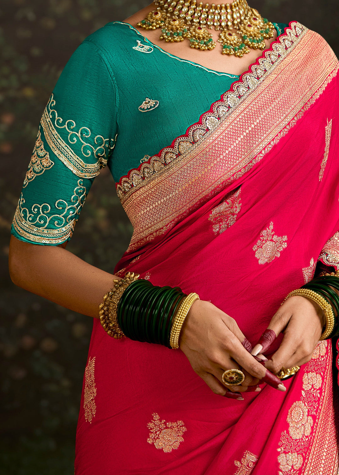Pink and Teal Viscose silk Saree