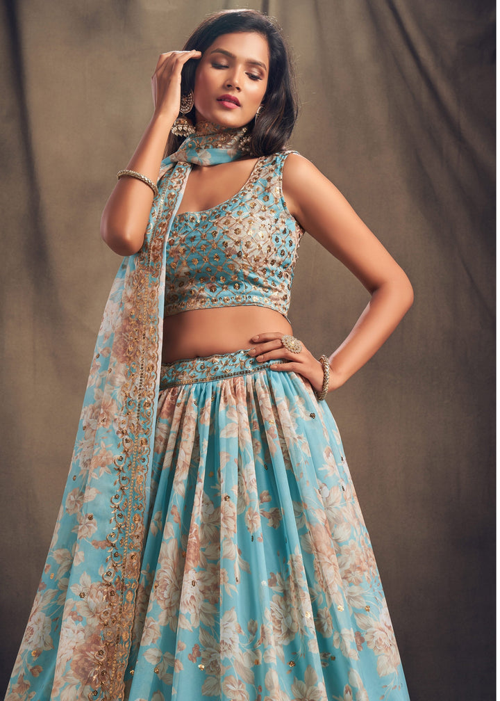 Sky Blue Organza Lehenga with Dupatta