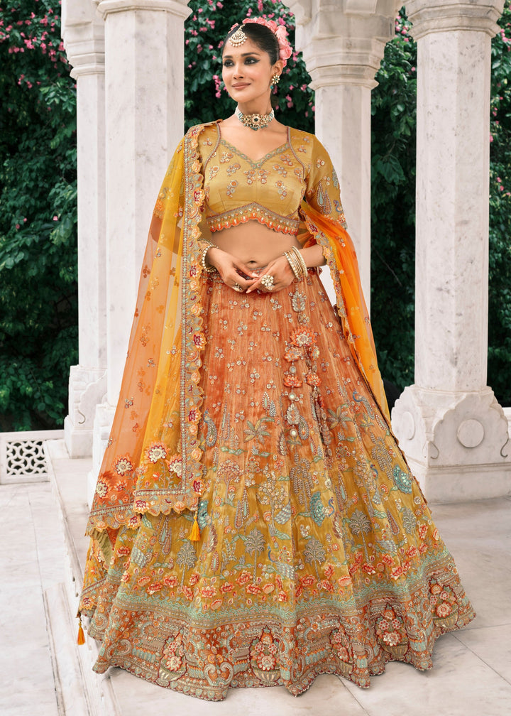 Cadmium Orange Fancy Silk Lehenga Choli With Cut Work Embroidery Border & Stone Work