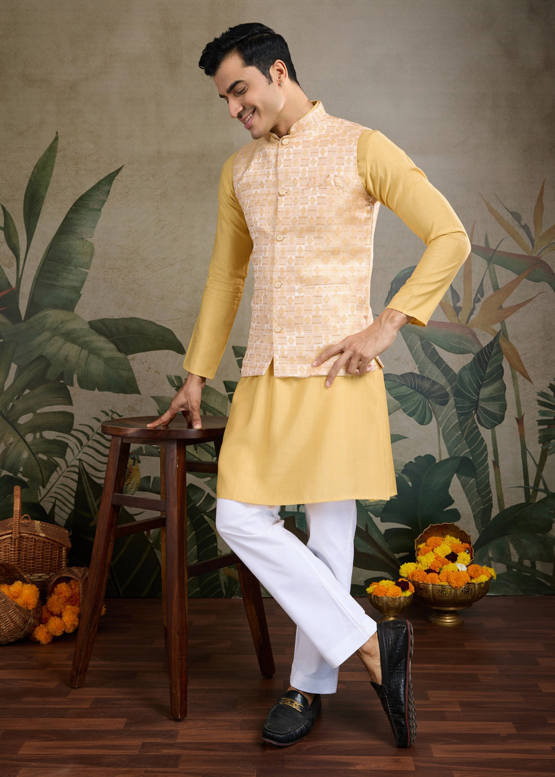 Yellow Mens Wear Koti Style with Kurta and Pajama
