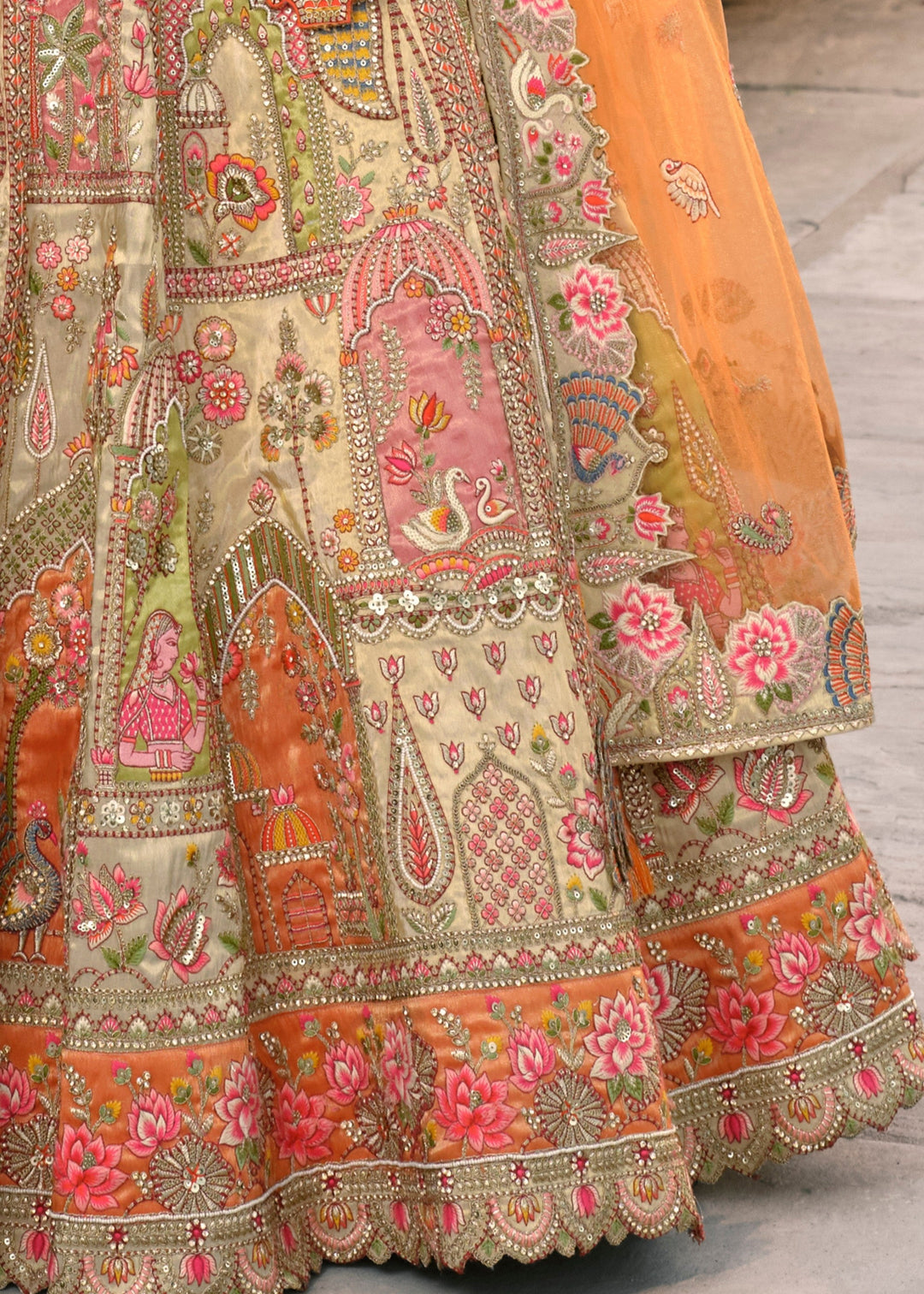Beige & Orange Fancy Silk Lehenga Choli With Cut Work Embroidery Border & Stone Work