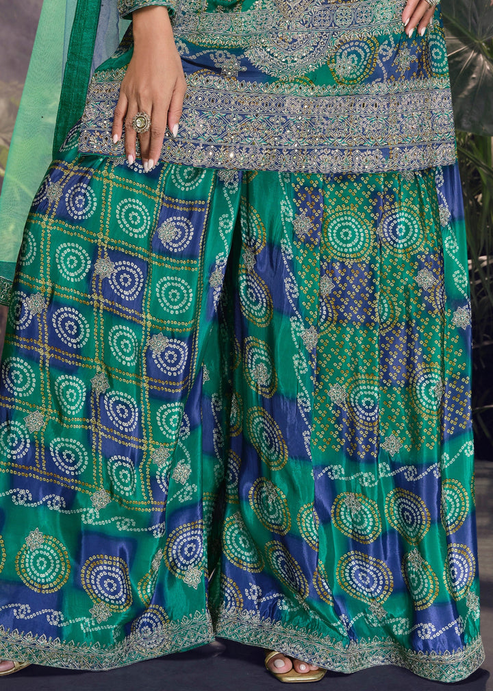 Peacock Blue Chinnon Silk Plazo Suit With Mirror & Thread Embroidered Work