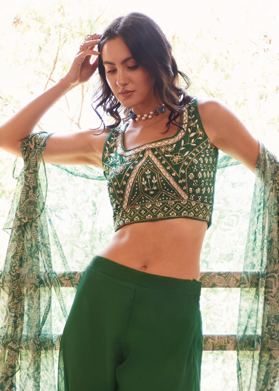 Forest Green Georgette Sharara Choli with Embroidery work