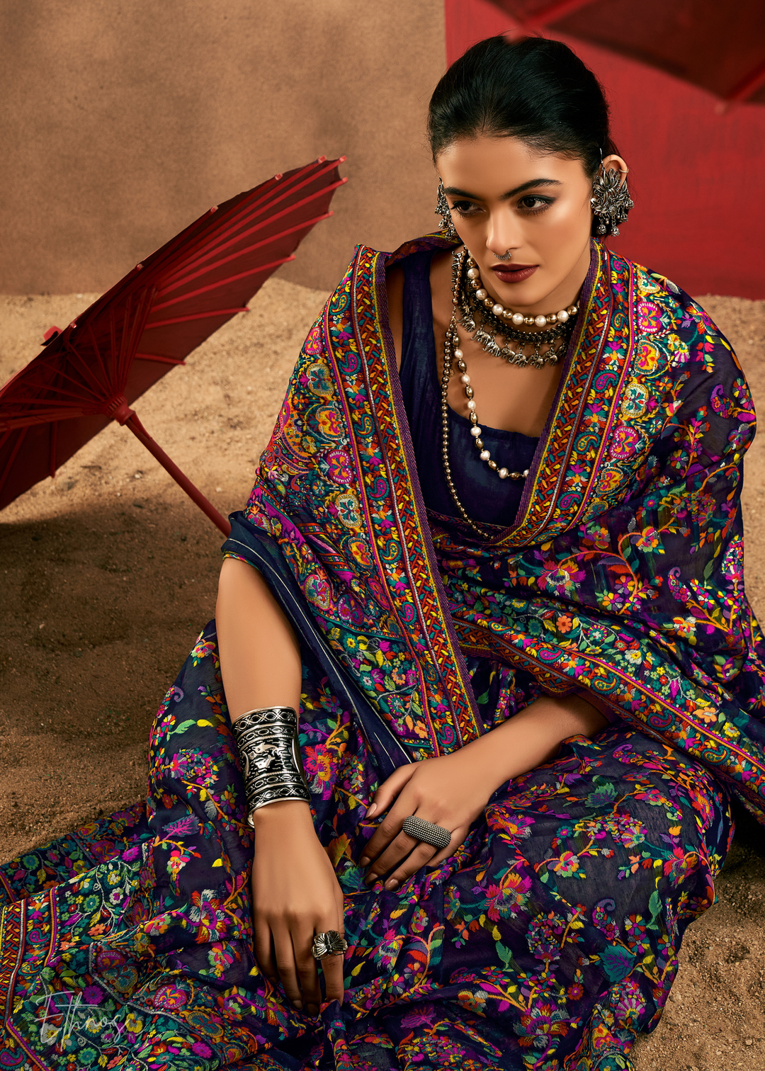 Aubergine Purple with Multicolour Kashmiri Floral Weave Saree