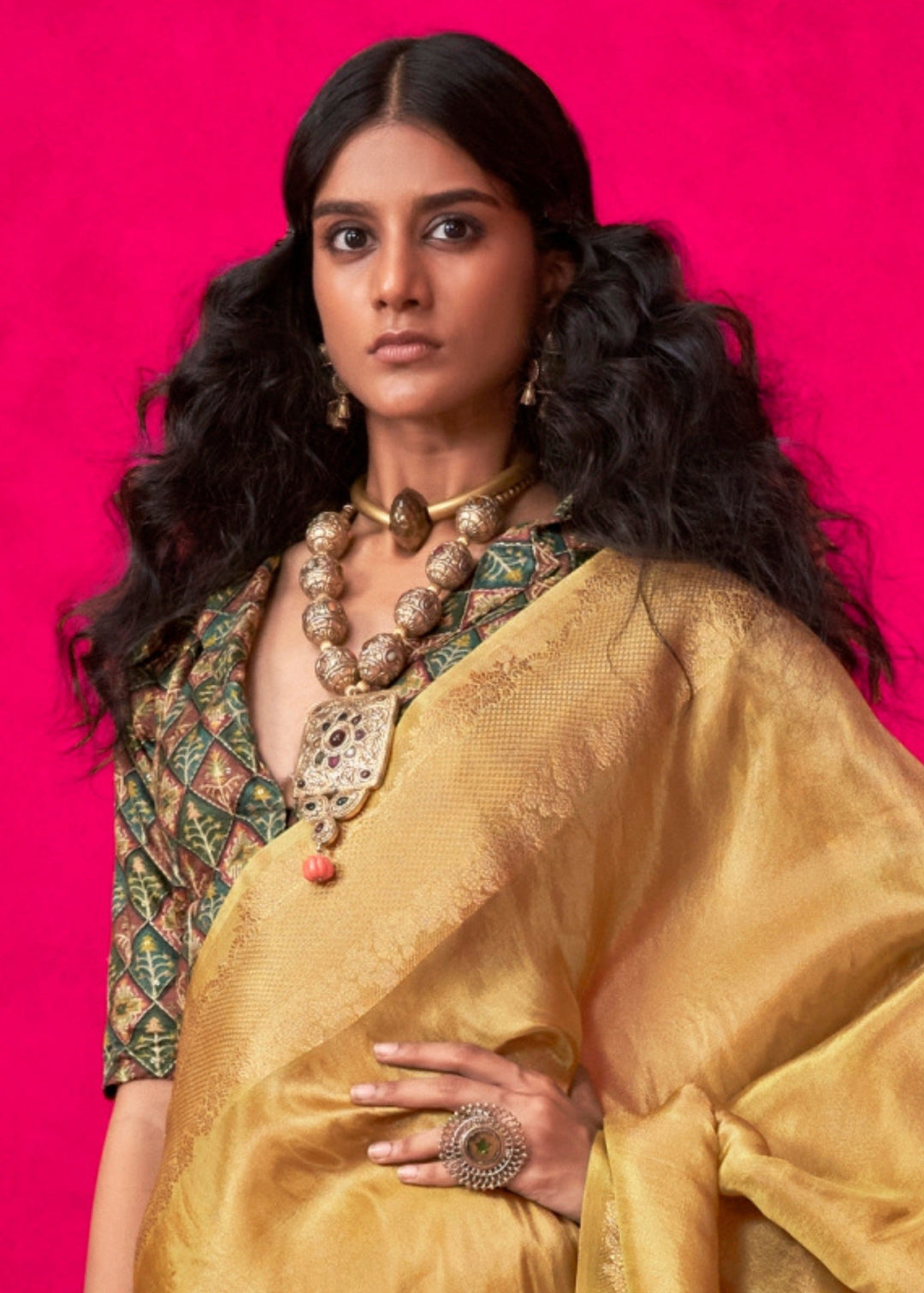 Golden Yellow Tissue Silk Saree
