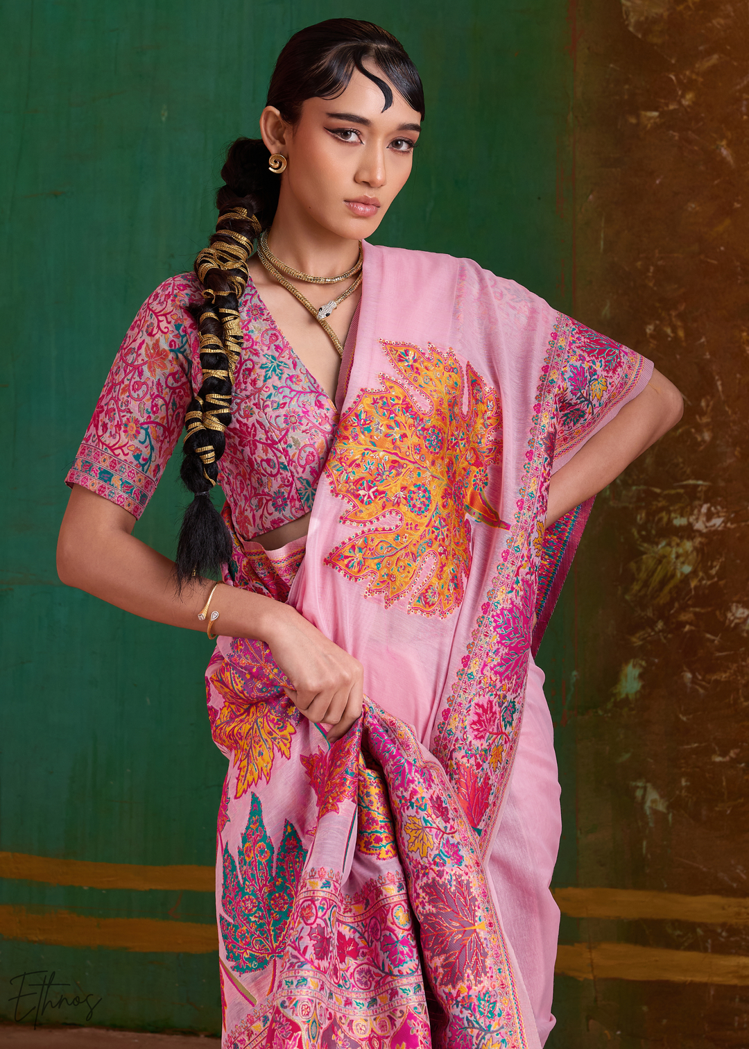 Blush Pink with Multicolour Floral Weave Saree