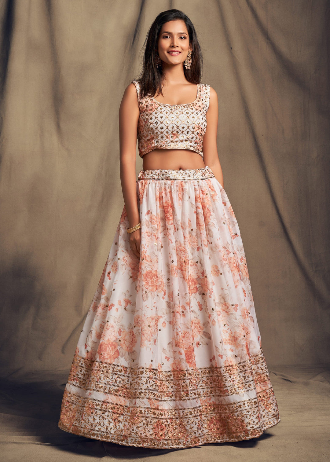White Organza Lehenga Sequins Zari Embroidery Work