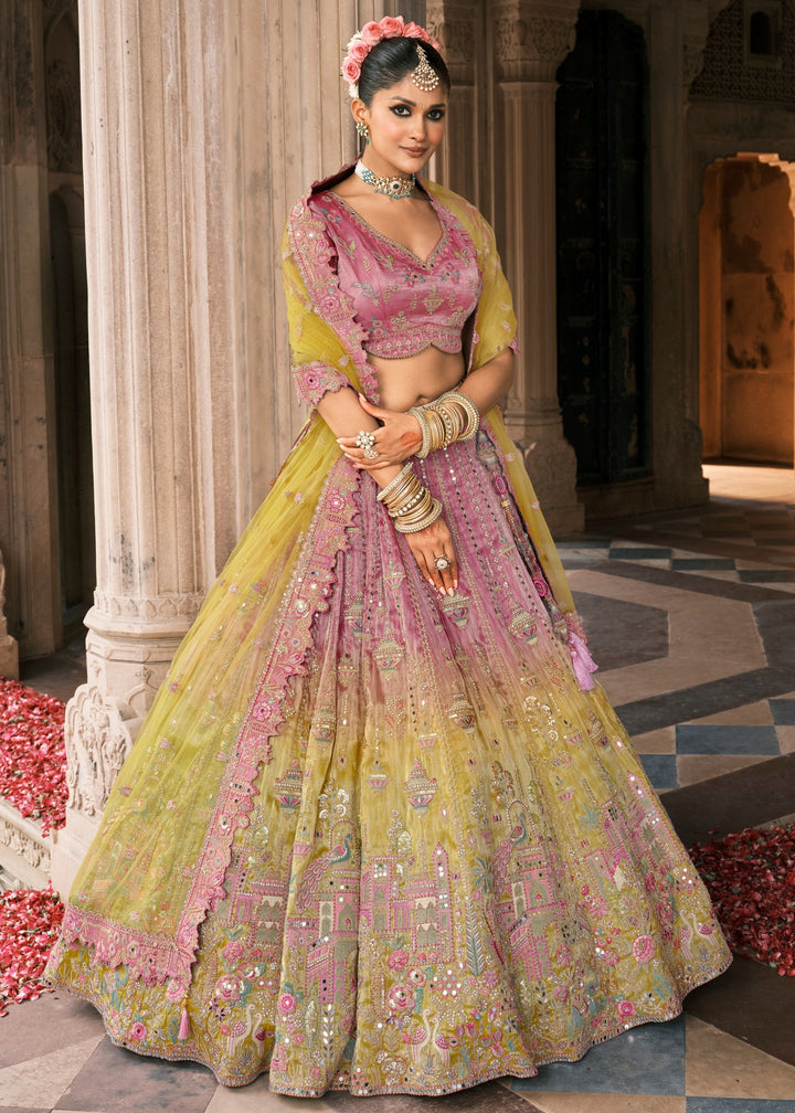 Sunshine Yellow & Pink Fancy Silk Lehenga Choli With Cut Work Embroidery Border & Stone Work