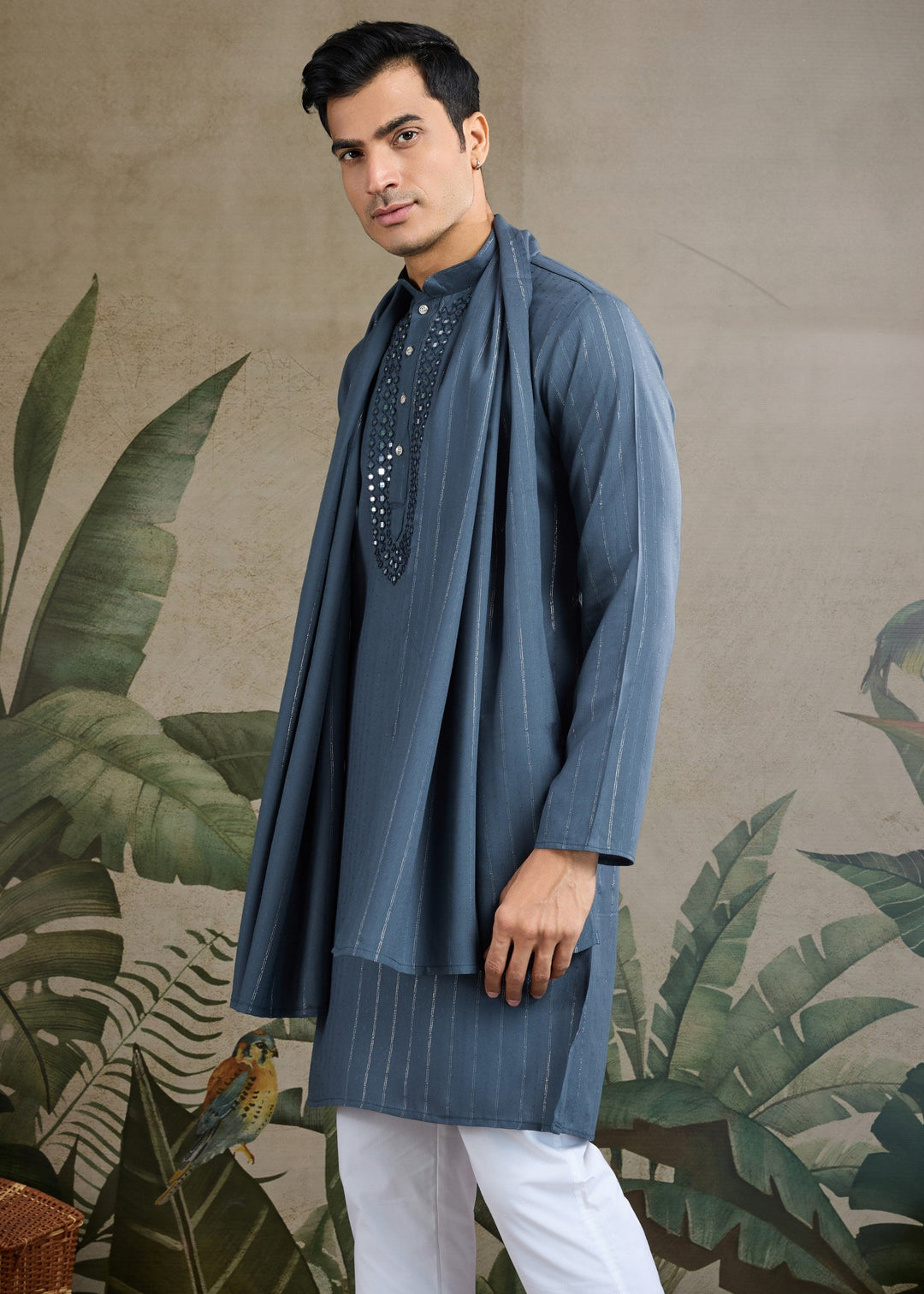 Steel Blue Viscose Rayon Mens Kurta With Self Design Zari And Mirror Work