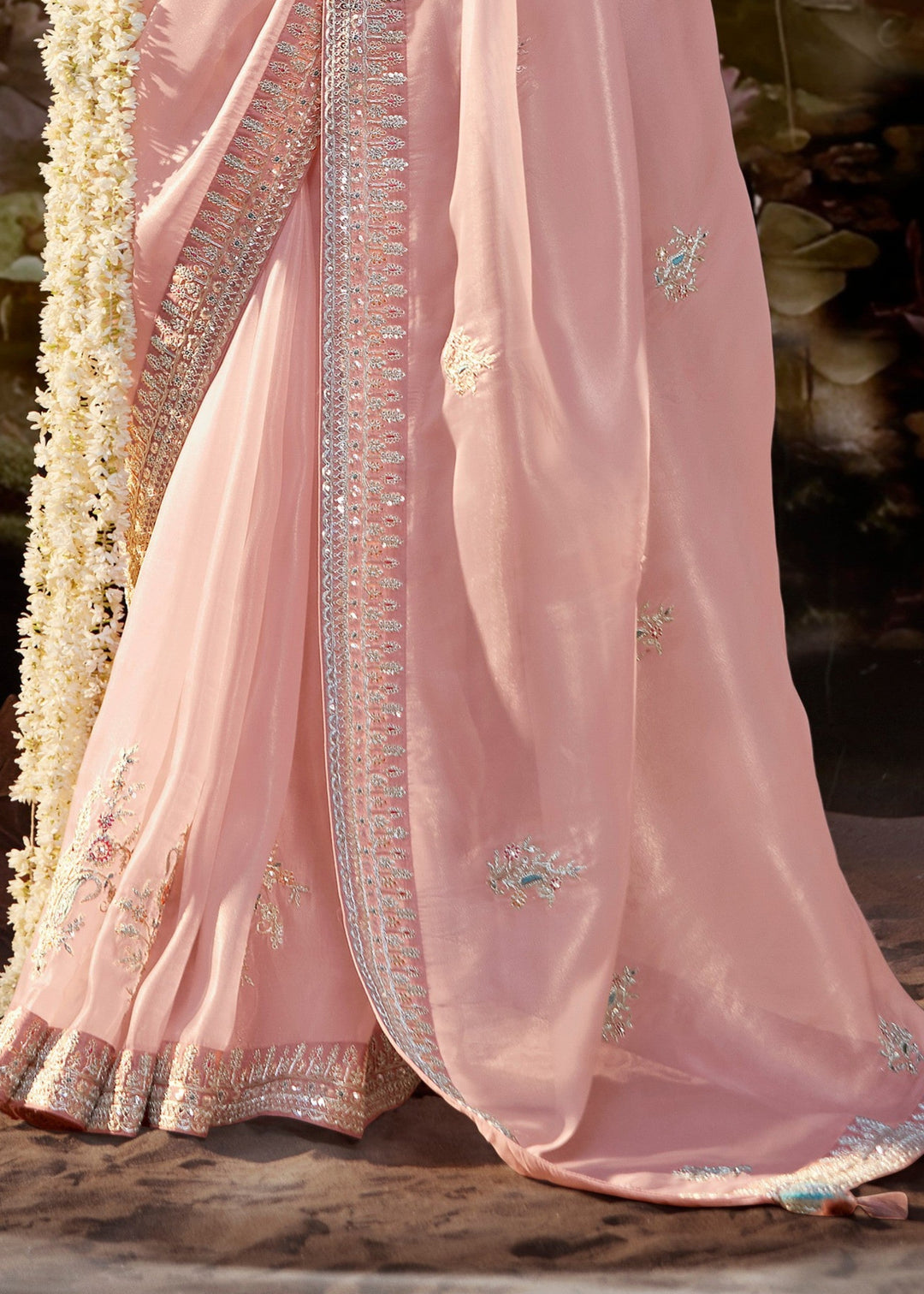 Aqua Green And Light Pink Saree With Embroidery And Handwork Designer Cut Border