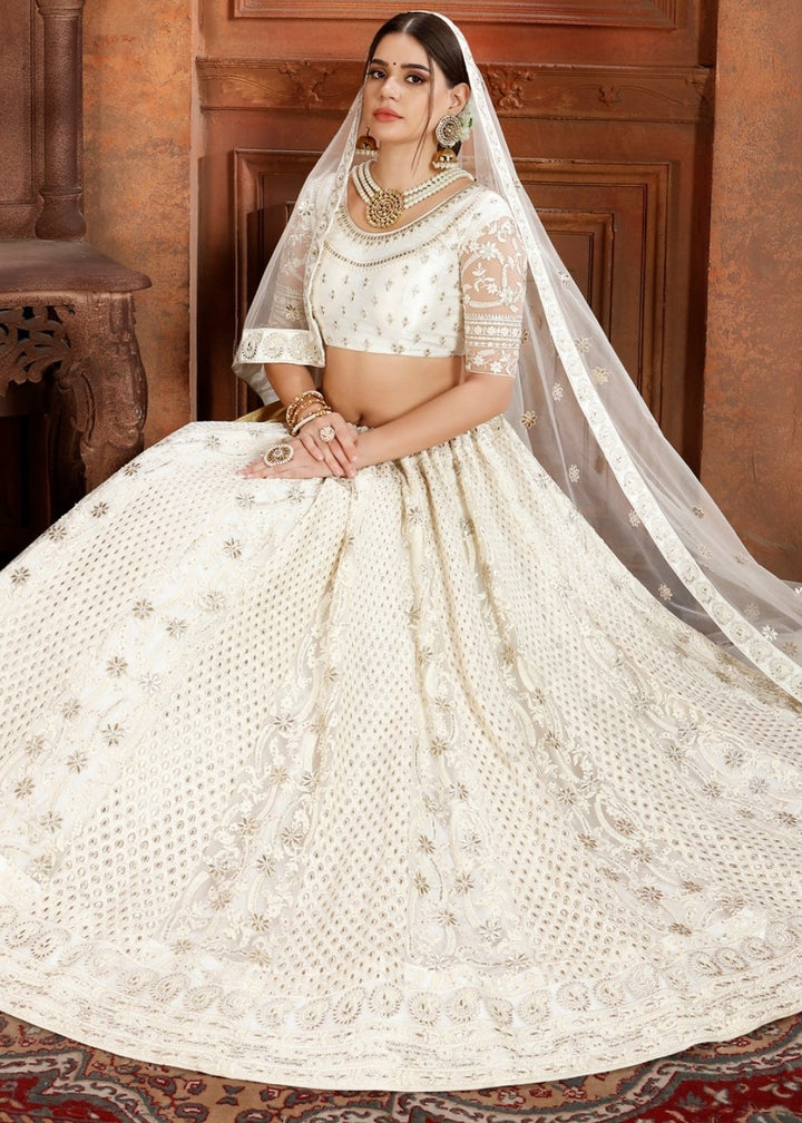 Daisy White Soft Net Lehenga Choli with Thread,Zari, Zarkan & Pearl work