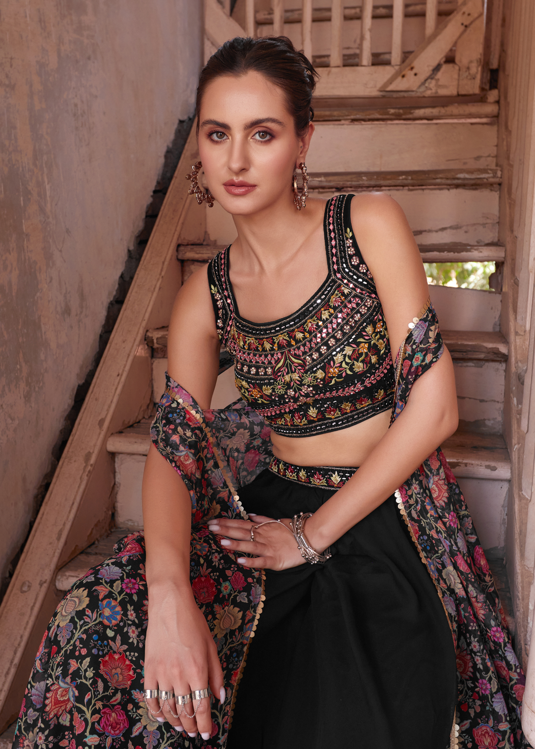 Onyx Black Georgette Sharara Choli with Embroidery work