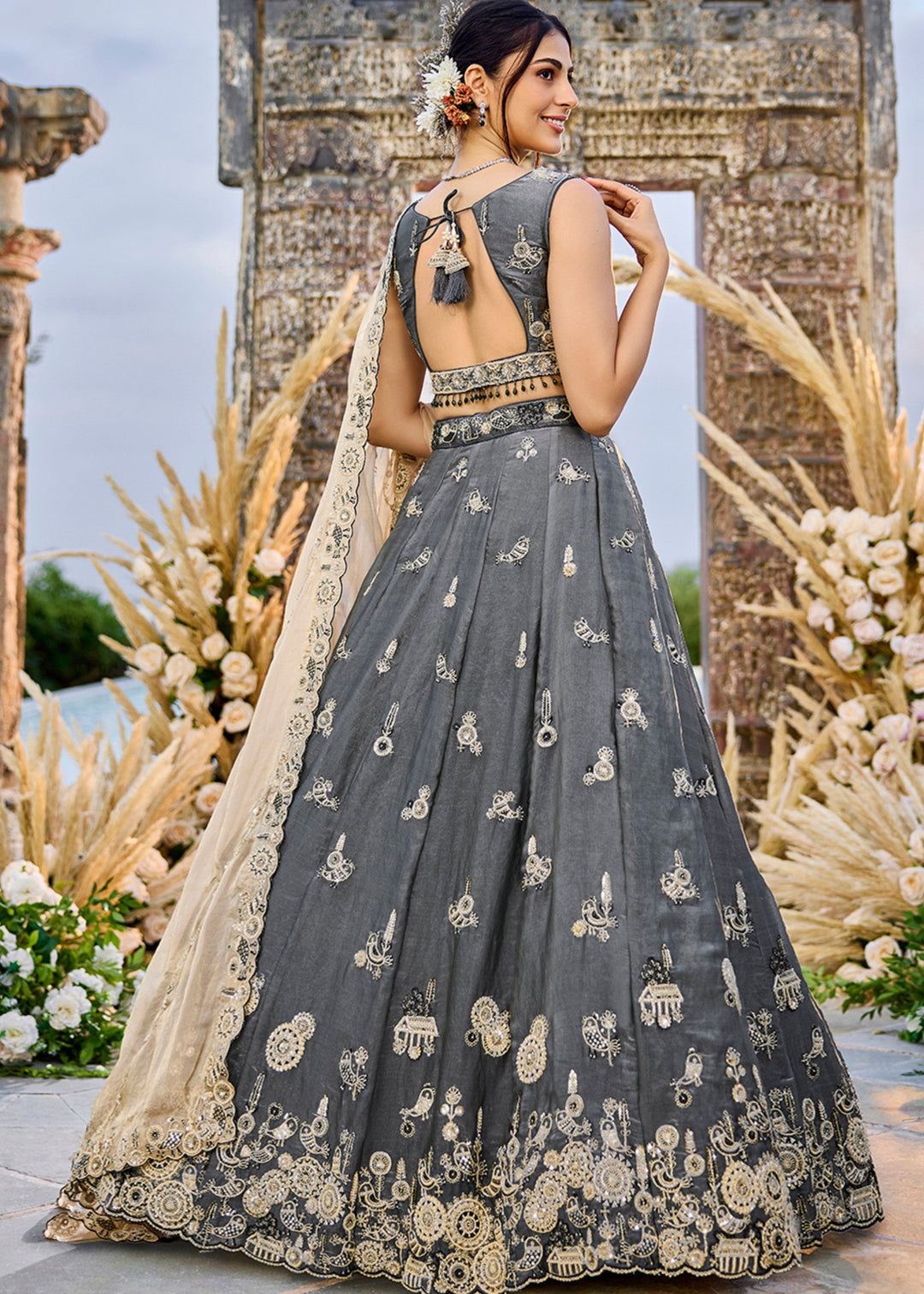 Grey Tissue Lehenga Choli with Beads & Sequince Embroidered