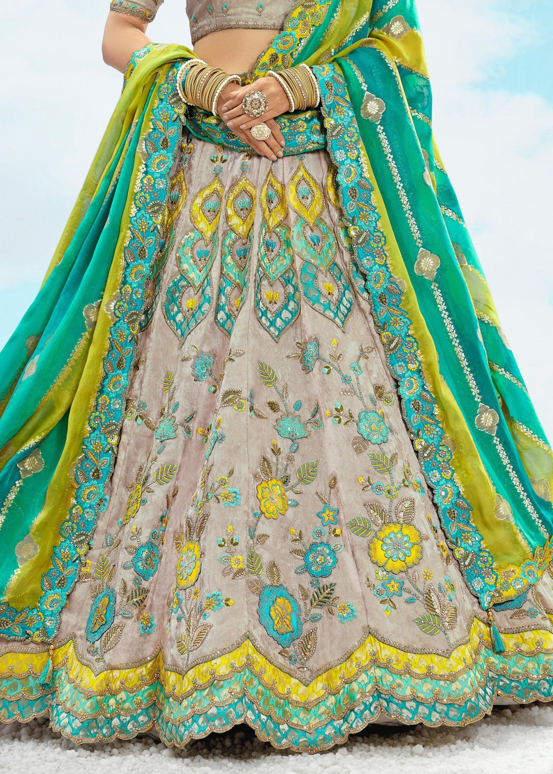 Off-White And Green Silk Lehenga With Cut Work Border