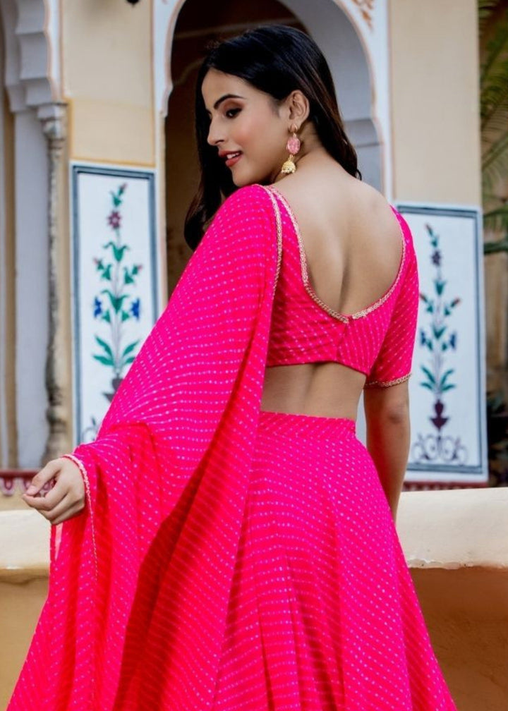 Hot Pink Georgette Leheriya Print Lehenga With Zari And Lace Work