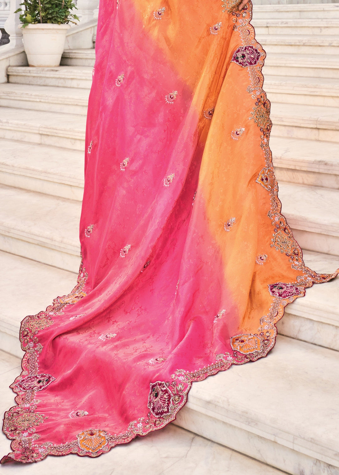Orange Pink Crepe Silk Saree
