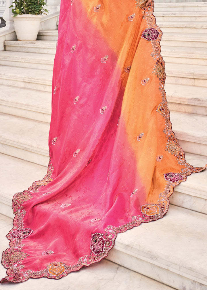 Orange Pink Crepe Silk Saree