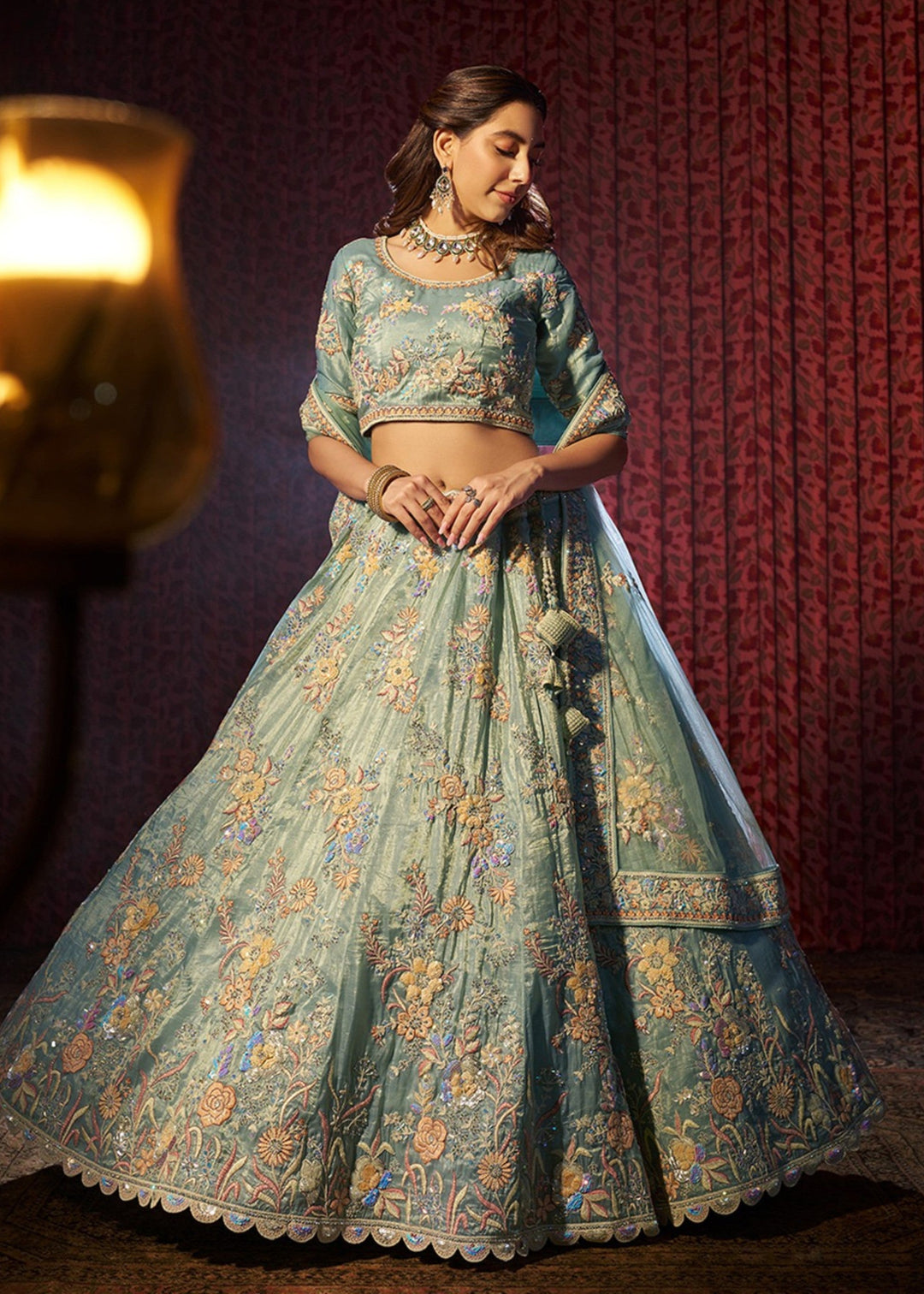 Torquise Dori Sequins Thread work Organza Lehenga