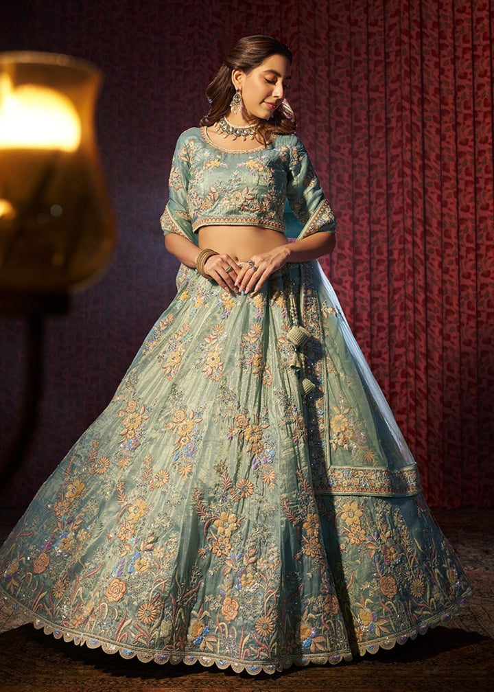 Torquise Dori Sequins Thread work Organza Lehenga