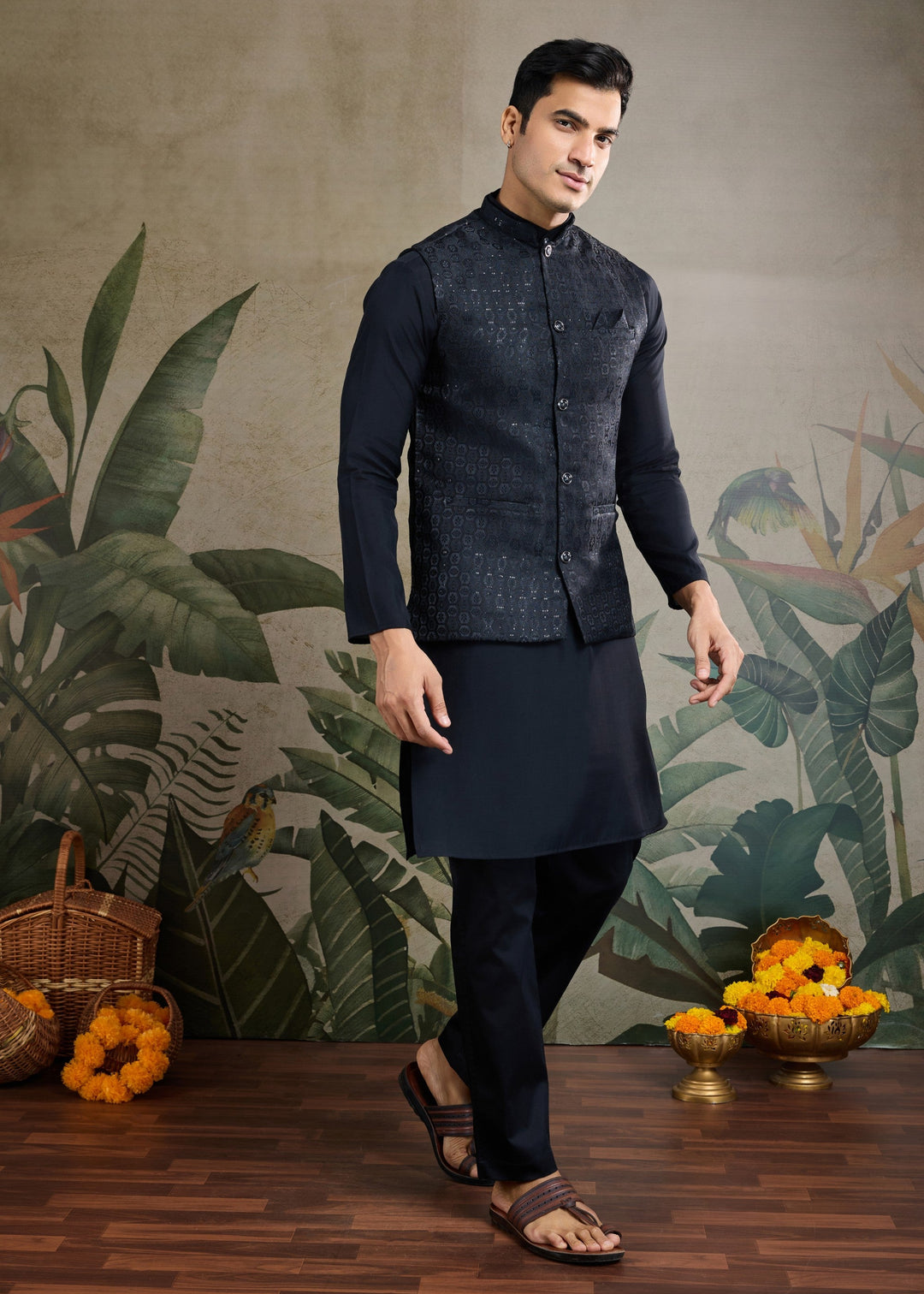 Black Mens Wear Koti Style with Kurta and Pajama