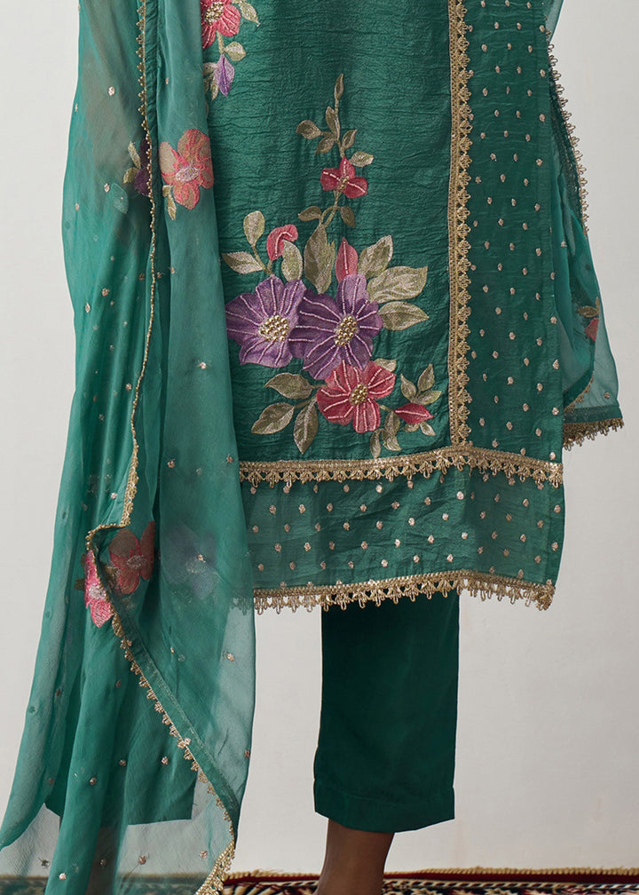 Dark Emerald Green Silk Pant Suit With Chiffon Dupatta