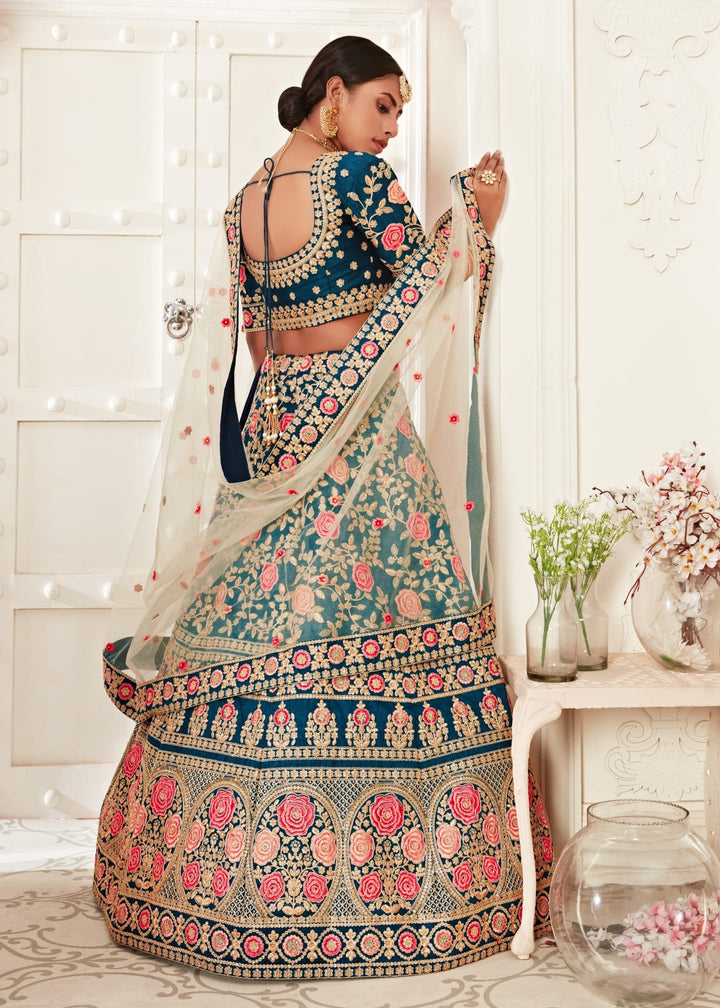 Navy Blue Slub Silk With Zari, Dori, Thread And Sequins Floral Embroidery Bridal Lehenga