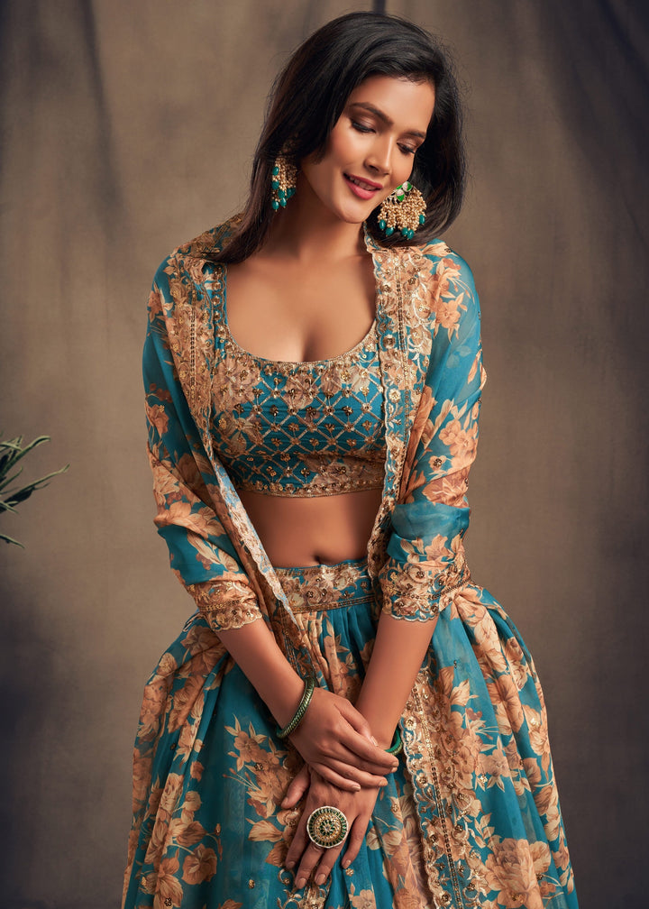 Teal Blue Organza Lehenga with Dupatta