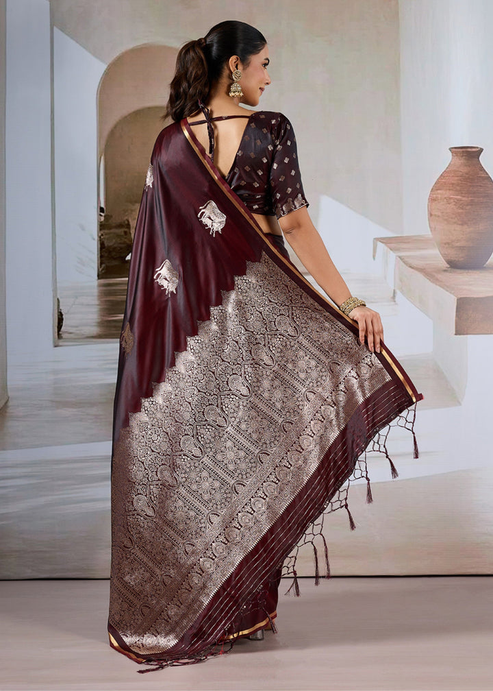 Wine Red Satin Silk Saree
