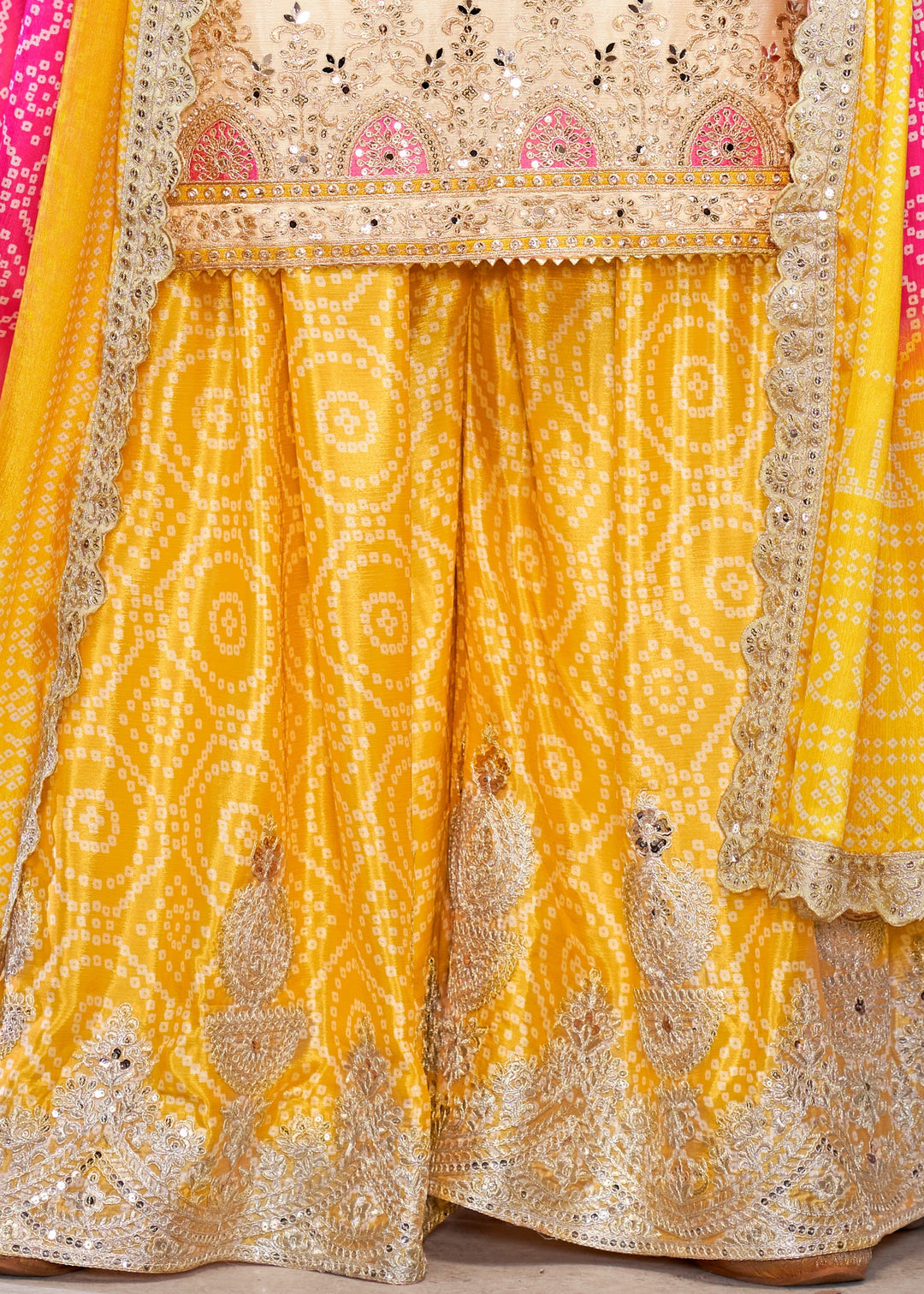 Yellow And Pink Chinon SIlk Plazo Suit With Embroidered Work