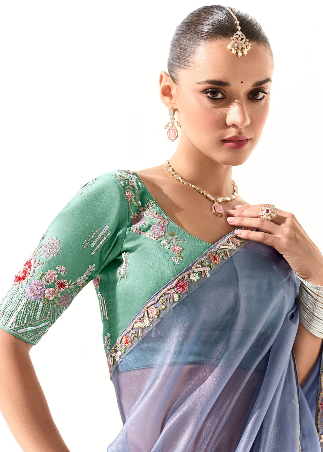 Cornflower Blue Organza Tissue Silk Saree