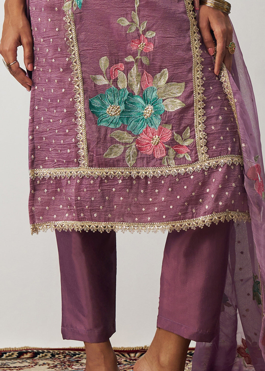 Purple Silk Pant Suit With Chiffon Dupatta