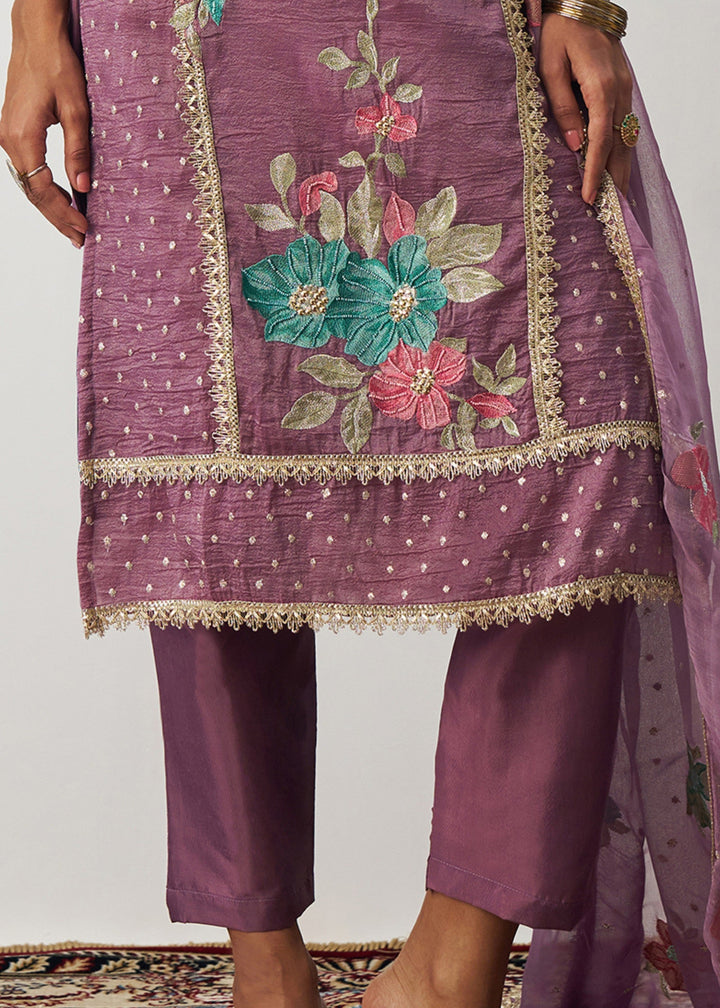 Purple Silk Pant Suit With Chiffon Dupatta
