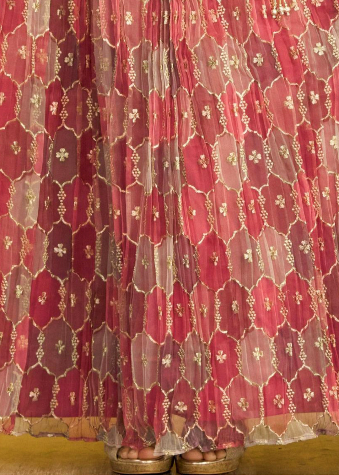 Shades Of Red Digital Printed Organza Lehenga with Thread,Zari & Sequins Work
