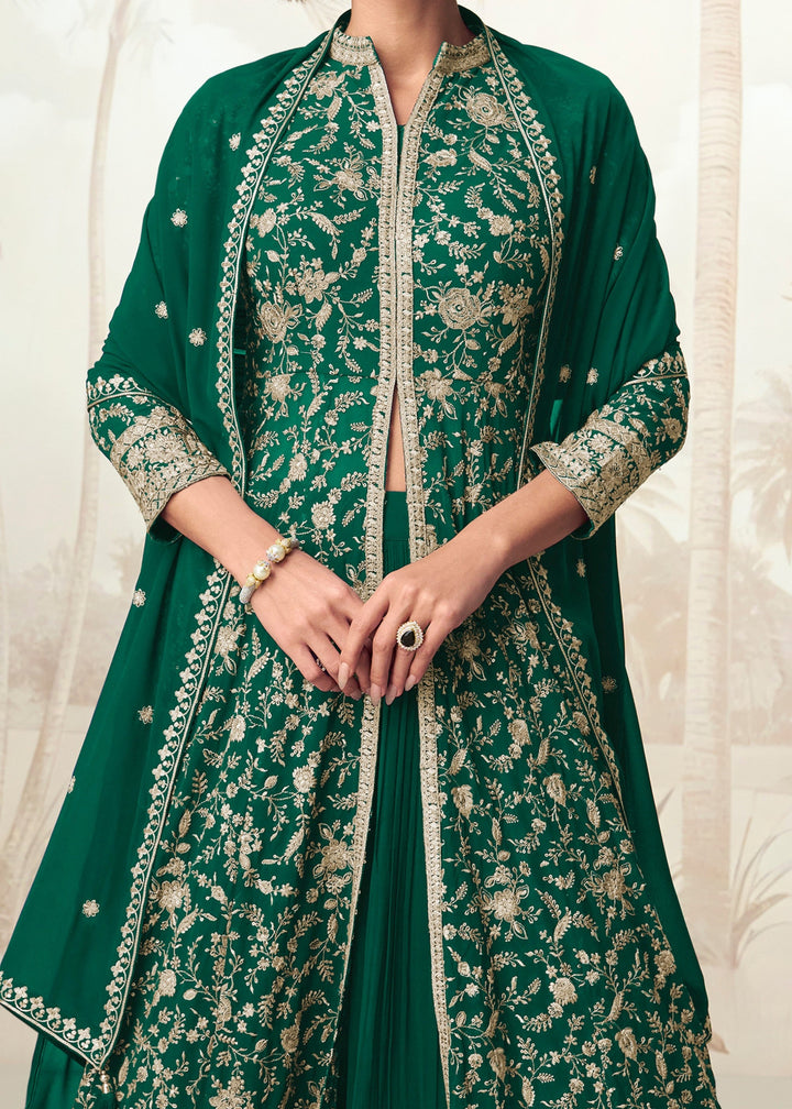 Hunter Green Georgette Anarkali Slit Cut Suit With Thread Embroidered Work