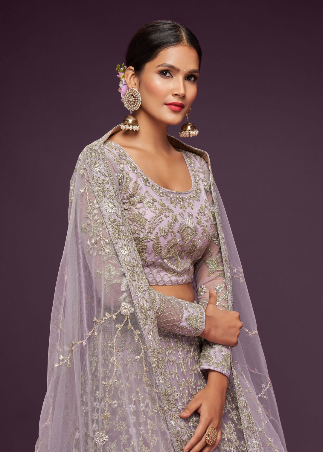 Dusky Orchid Soft Net Lehenga with Thread, Zari, Badla and Glitter Dori Embroidery Work