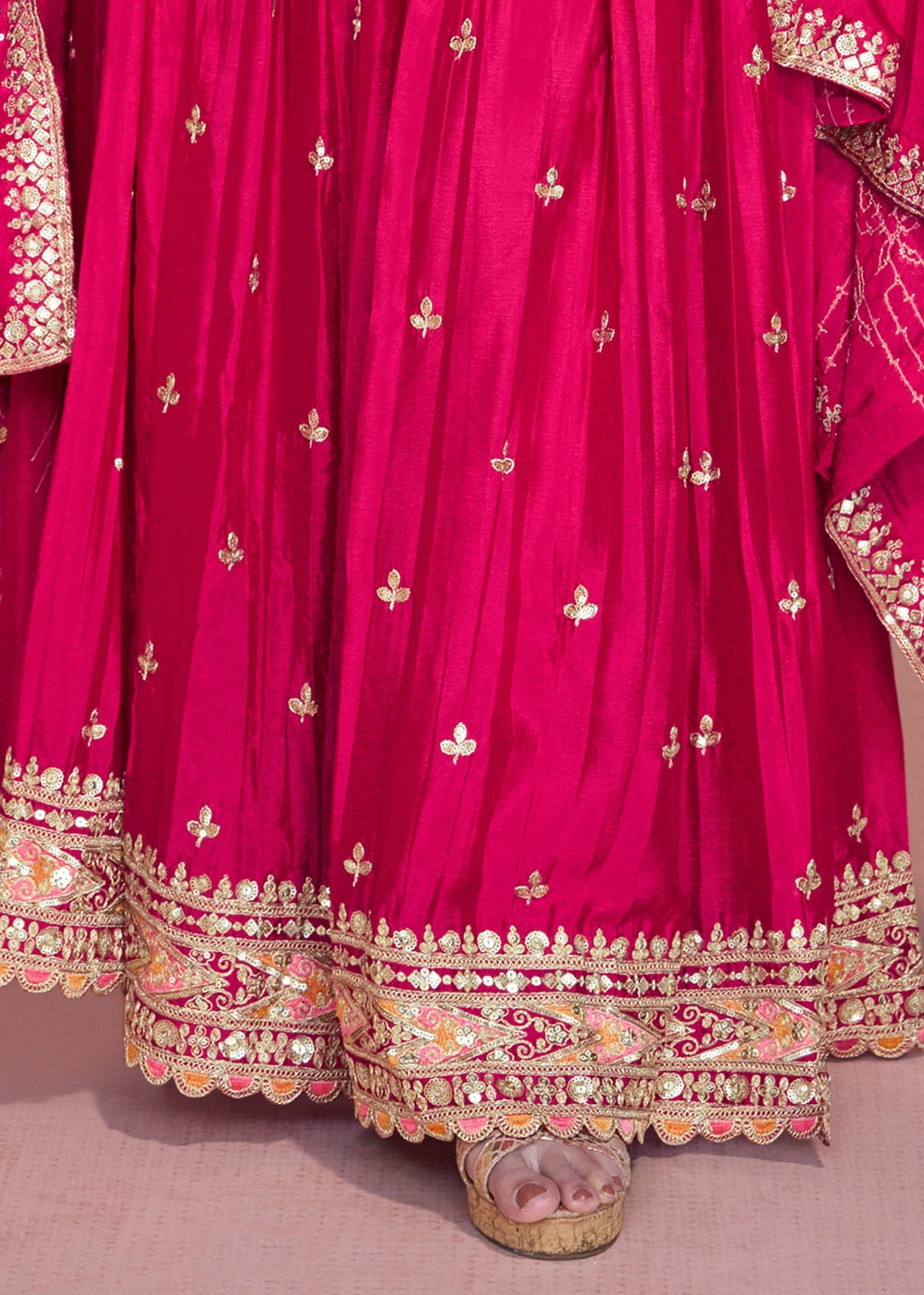 Peach Pink Chinnon Silk Plazo Suit With Thread Embroidered Work : Top Pick