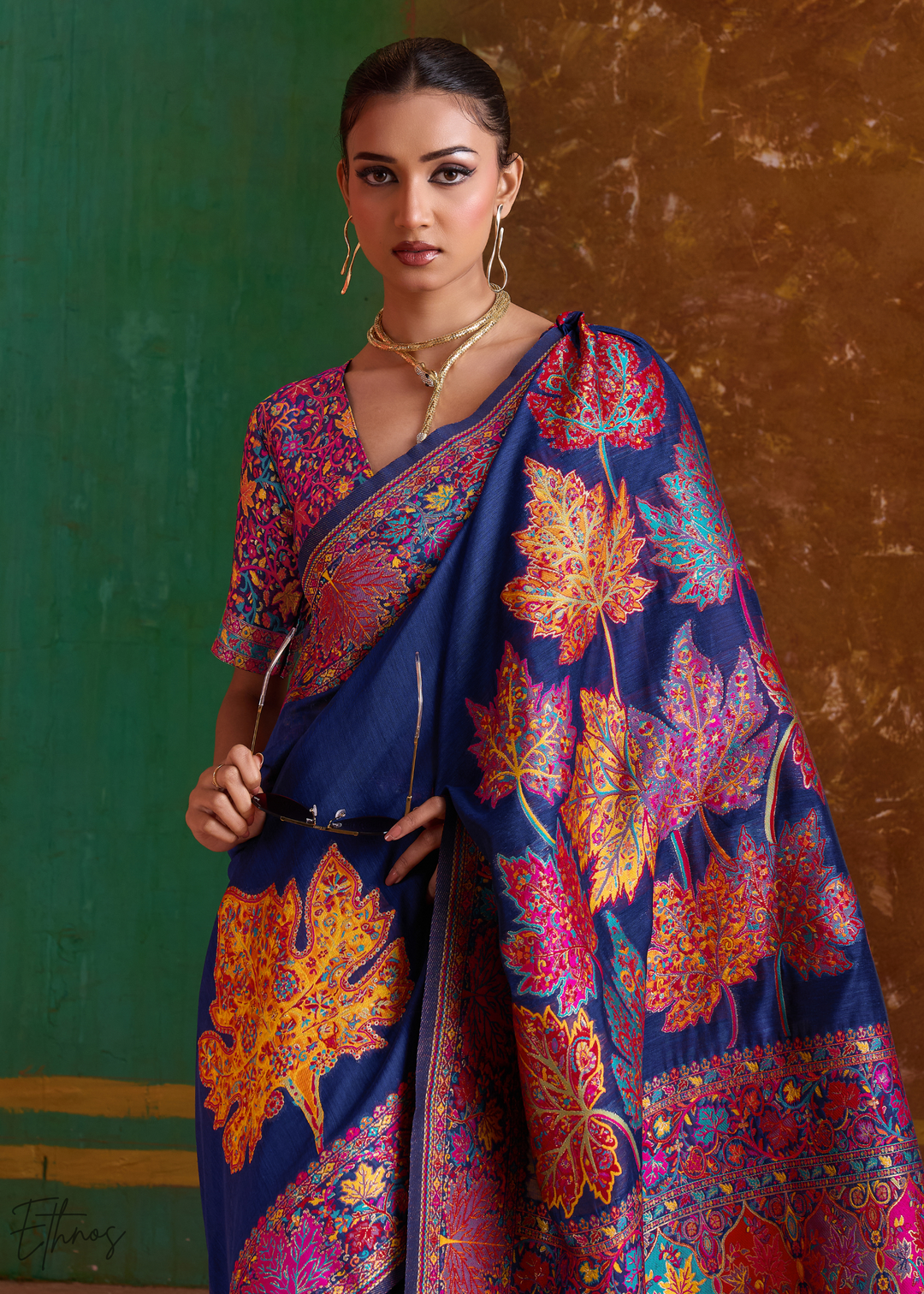 Navy Blue with Multicolour Floral Weave Saree