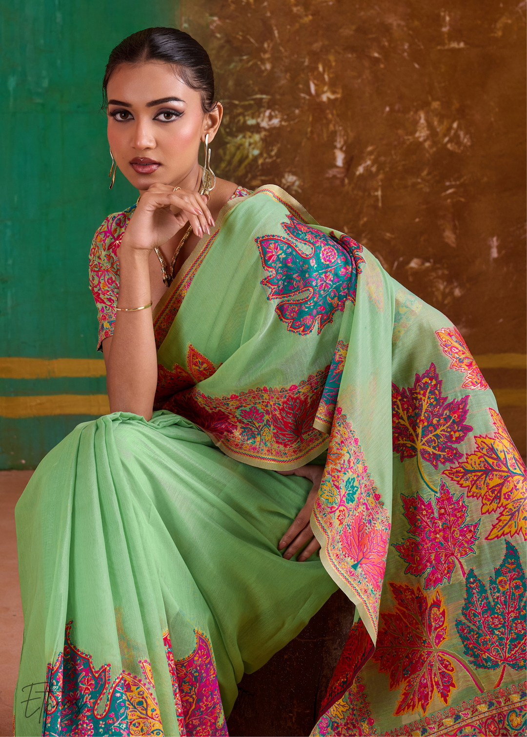 Pistachio Green with Multicolour Floral Weave Saree