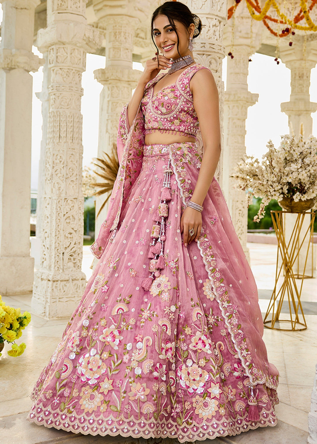 Pink Organza Lehenga Choli with Beads & Sequince Embroidered