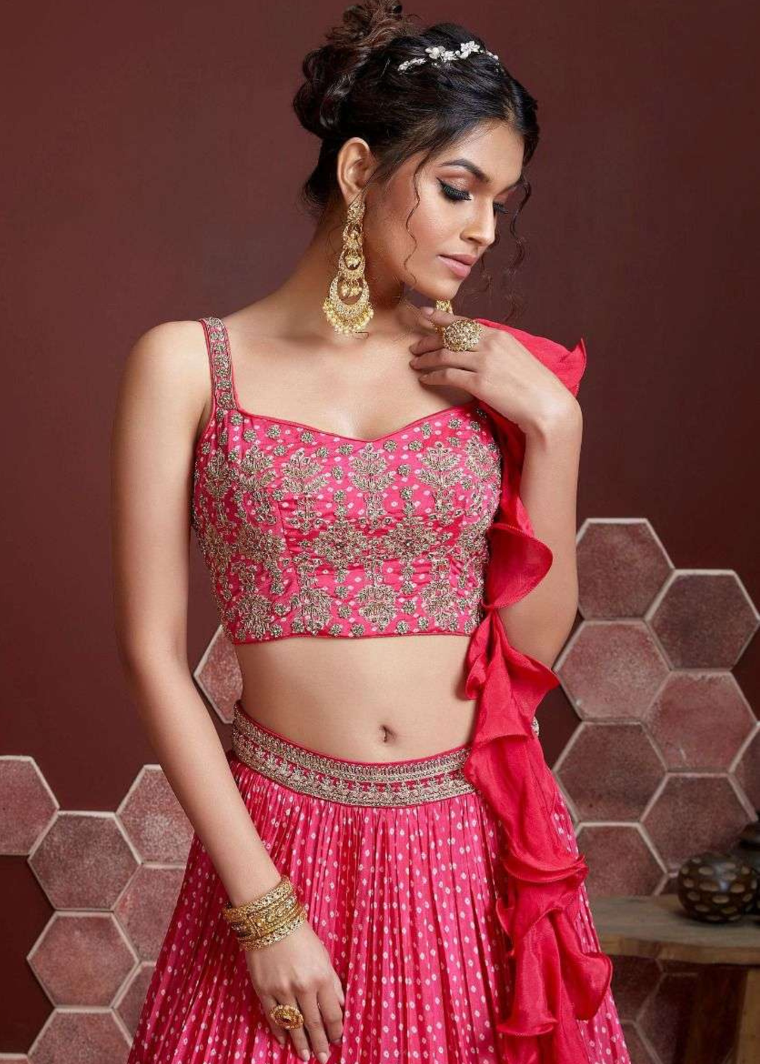 Azalea Pink Bandhani Printed Chinon Silk Lehenga Choli with Heavy Embroidery work