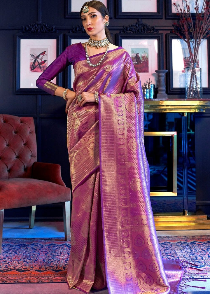 Golden Purple Kanjivaram Soft Woven Silk Saree
