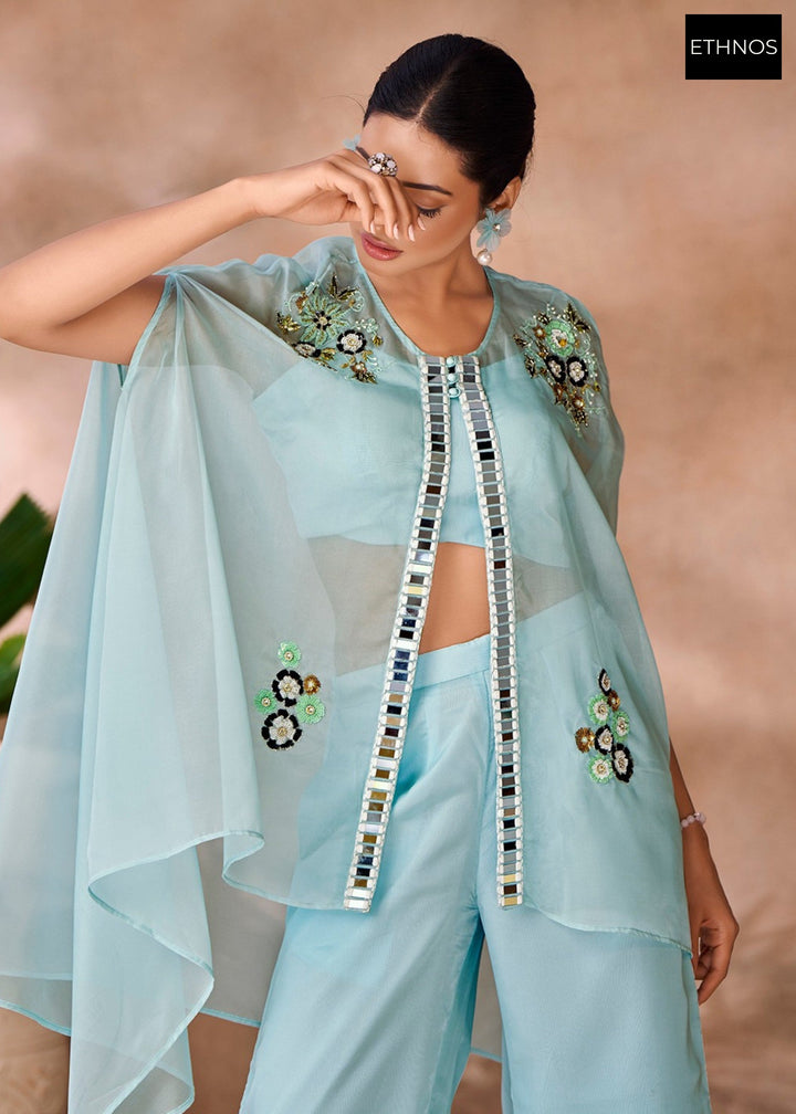 Aqua Blue Organza Handwork Co-ord Set