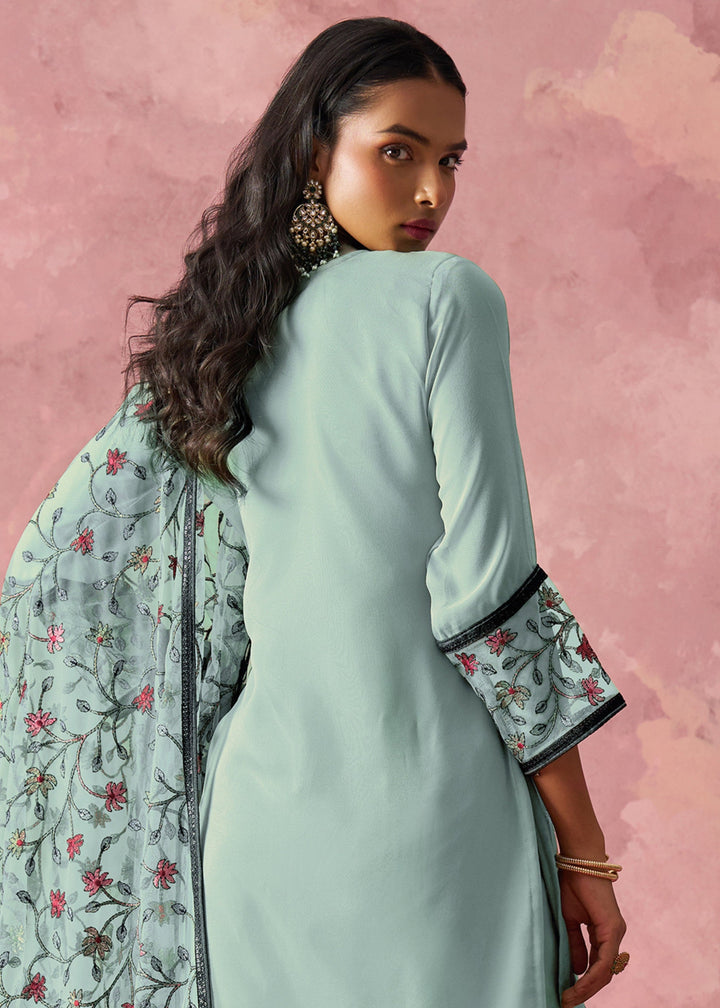 Aqua Blue Georgette Suit With Thread Embroidered Work