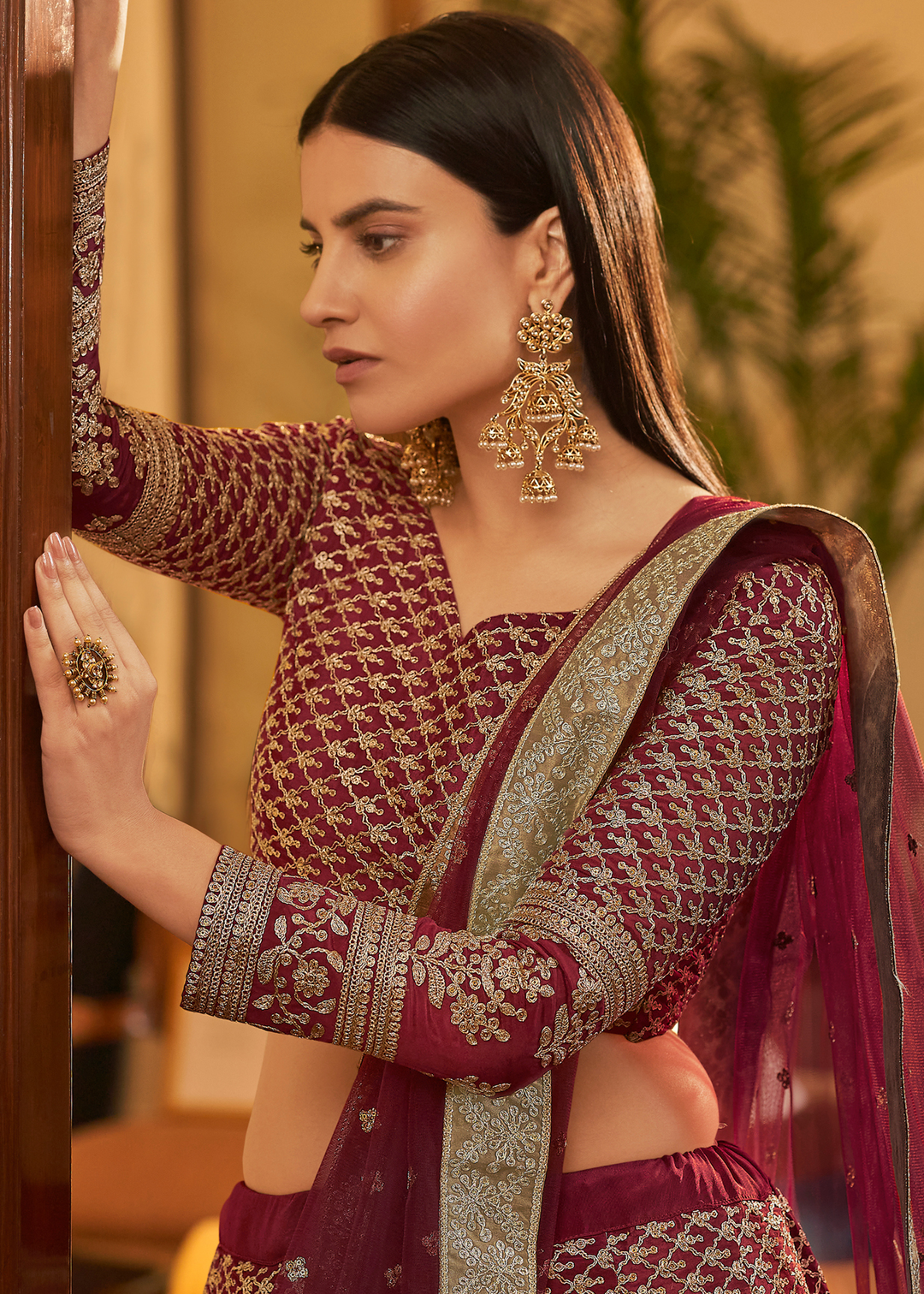 Maroon Red Crepe Lehenga Choli with Dori & Sequins work