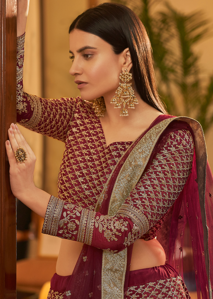 Maroon Red Crepe Lehenga Choli with Dori & Sequins work